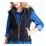 Black Puffer Vest with Faux Leopard Fur Lining, Detachable Hood & Contrast Piping