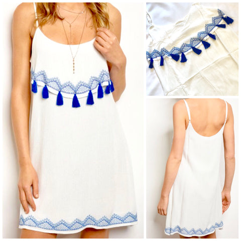White Spaghetti Strap Embroidered Dress with Royal Blue Tassels