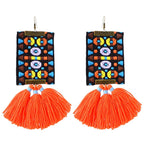 Orange Embroidered Tassel Earrings