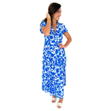 Blue & White Floral Puff Sleeve Malaga Dress with Tiered Ruffle Hem