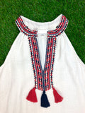 Off White V-Neck Halter Dress with Navy & Red Embroidery + Tassels