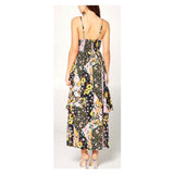 Black Floral Multi Tier Rayon Challis Midi Dress with Black Contrast Piping & Smocked Back
