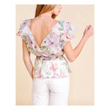 Lilac Floral Ruffle Blouse with Tie Waist & V-Back