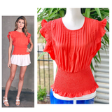 Deep Coral Pleated Ruffle Sleeve Top with Smocked Waist & Keyhole Back