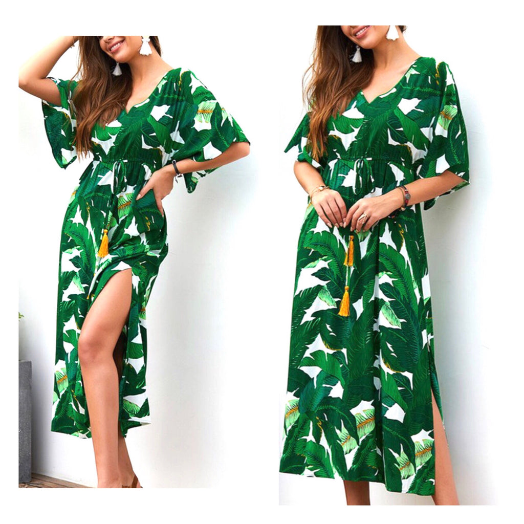 Green & White Palm Leaf Kaftan Maxi Dress with Marigold Tassel Tie Waist - James Ascher Green & White Palm Leaf Kaftan Maxi Dress with Marigold Tassel Tie Waist - James Ascher
