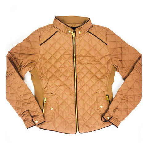 Quilted A-Line Jacket with Contrast Piping & Gold Exposed Zippers