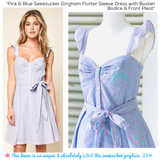 Pink & Blue Seeesucker Gingham Flutter Sleeve Dress with Bustier Bodice & Front Pleat