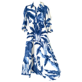 Blue Palm Puff Sleeve Newport Dress