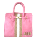 Pink Handmade Beaded Gold & White Cabana Stripe Canvas Bag