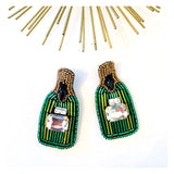 HANDMADE Green Beaded Rhinestone Embellished Champagne Bottle Earrings