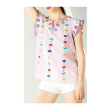 Pink White Stripe Embroidered Flutter Sleeve Top with Wispy Hem