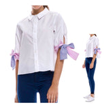 White Button Down 3/4 Sleeve Shirt with Pink & Blue Seersucker Sleeve Ties