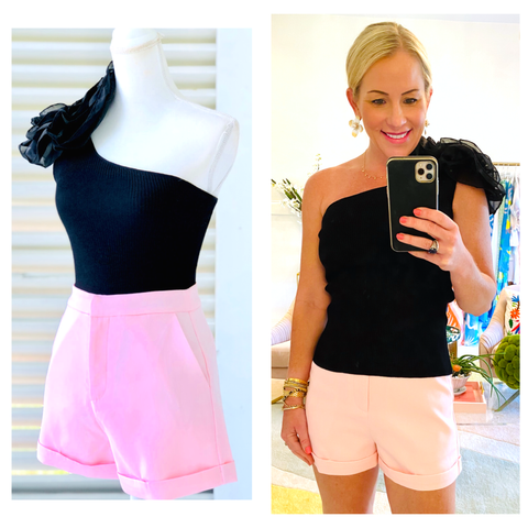 Black One Shoulder Flower Appliqué Top