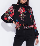 Floral High Neck Top with Keyhole Back, Black