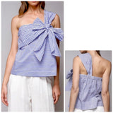 Blue White Stripe One Shoulder Bow Top