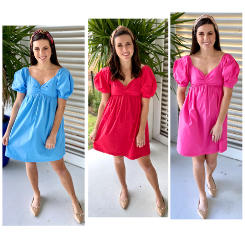 Azure Blue, RED or PINK Puff Sleeve Poplin Dress with Smocked Back