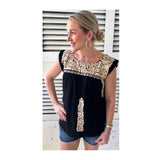 Black & Taupe Embroidered Textile Top