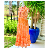 Bella Tu Coral Orange Embroidered Block Print Cora Dress with Mirrored Accents