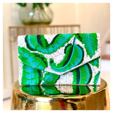 HANDMADE Sequin EMBROIDERED Mint & Kelly Green Contrast Banana Leaf Clutch with Optional Chain & Green Piping