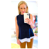 Navy Knit Sleeveless Sweater with Blue Poplin Shirttail Contrast & Pleated Back