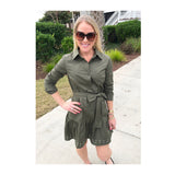 Olive Ruffle Hem Belted Button Down Shirtdress with Grommet Hem Detail