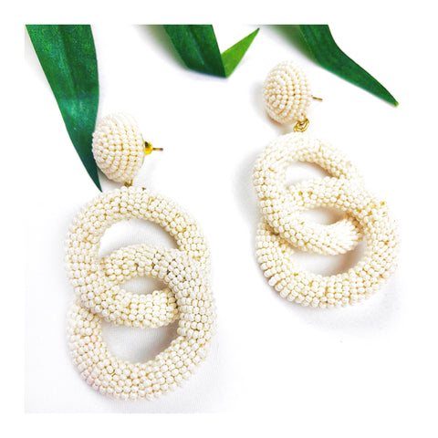 Ivory Beaded Circle Chain Link Earrings