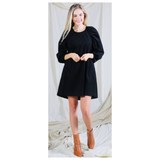 Black CORDUROY Shirred Puff Sleeve Shift Dress with Keyhole Back