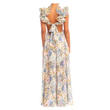 Designer Inspired Floral Cutout Maxi Dress with Structured Ruffle Sleeves & Open Back