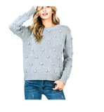 Grey Soft Crewneck Knit Sweater with Knitted Pom Pom Detail