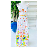 White & Neon Floral Print Matching Set: Ruffle Hem Maxi Skirt + Ruffle Sleeve Top