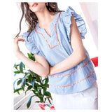 Blue Stripe Flutter Sleeve Top with Orange Embroidered Trim