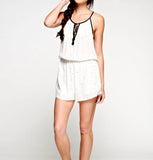 Off White and Black Snail Print Romper with Tassel Ties
