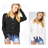 Thermal Knit Button Down Tie Waist Top