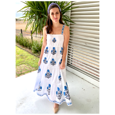 Milos Blue Block Print Maxi Dress