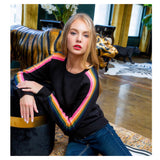 Black Fine Knit Lightweight Sweater with Textured Pink Blue Multi Stripe Sleeves & Banded Waist