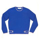 Royal Blue Knit Crewneck Sweater with Pink Contrast Trim & Sailor Button Accents