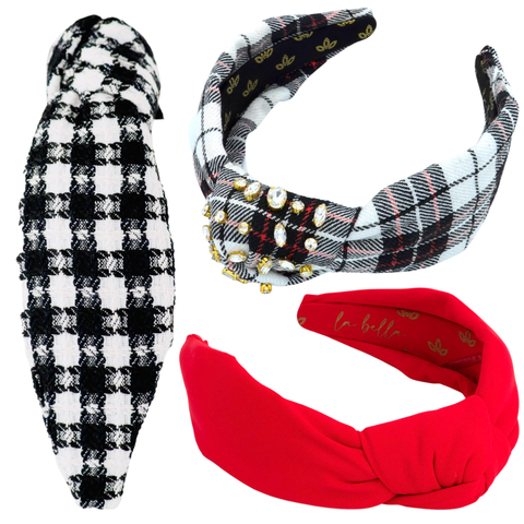 Handmade in Virginia Gingham Lace, Red Neoprene & Crystal Dipped Plaid Headbands