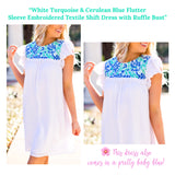 White with Turquoise & Cerulean Blue Flutter Sleeve Embroidered Textile Shift Dress with Ruffle Bust & Keyhole Back