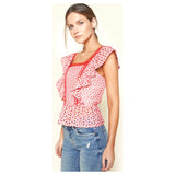 Red & White EYELET Flutter Sleeve Peplum Top with Circle Lace Trim