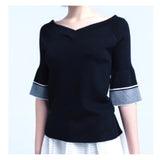 Black Knit Striped Flare Sleeve Top