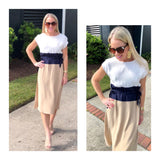 Ivory Navy & Taupe Contrast Short Sleeve A-Line Midi Dress with Self Tie Waist Ties