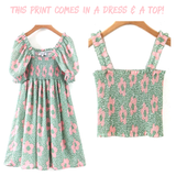 Green & Pink Smocked Floral Ruffle Cami