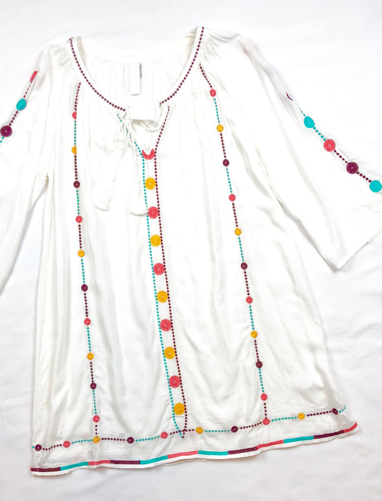 White Embroidered Tunic Dress with Tassel Tie - James Ascher White Embroidered Tunic Dress with Tassel Tie - James Ascher