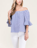 Blue White Stripe 3/4 Bell Sleeve Top with Back Ribbon Tie