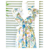 Designer Inspired Floral Cutout Maxi Dress with Structured Ruffle Sleeves & Open Back