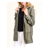 Olive Green Burberry-esque Utility Hooded Jacket with Plaid Lining & Toggle Waist Cinch