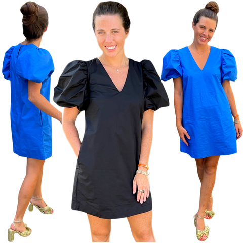 Blue or Black Cotton Puff Sleeve Cabo Dress with Optional Belt Sash