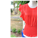 Deep Coral Pleated Ruffle Sleeve Top with Smocked Waist & Keyhole Back