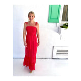 Tomato Red Smocked Tie Shoulder Tiered Maxi Dress