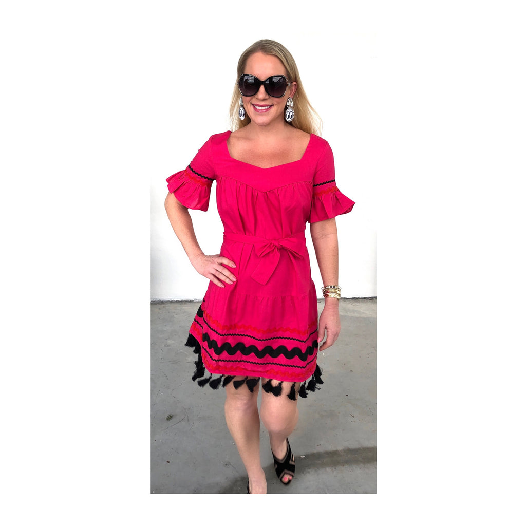 Magenta Bell Sleeve Belted Dress with Ric Rac Embroidery & Tassel Hem ...